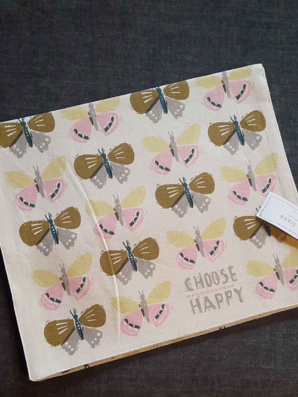 Butterfly Table Runner Choose Happy Beige NWT 15" X 52" Cotton Linen Cathy Heck